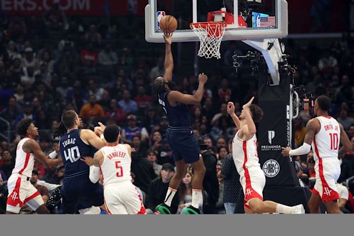 L.A. Clippers guard James Harden (1) drives to the basket during the first quarter against the Houston Rockets at Crypto.com Arena.